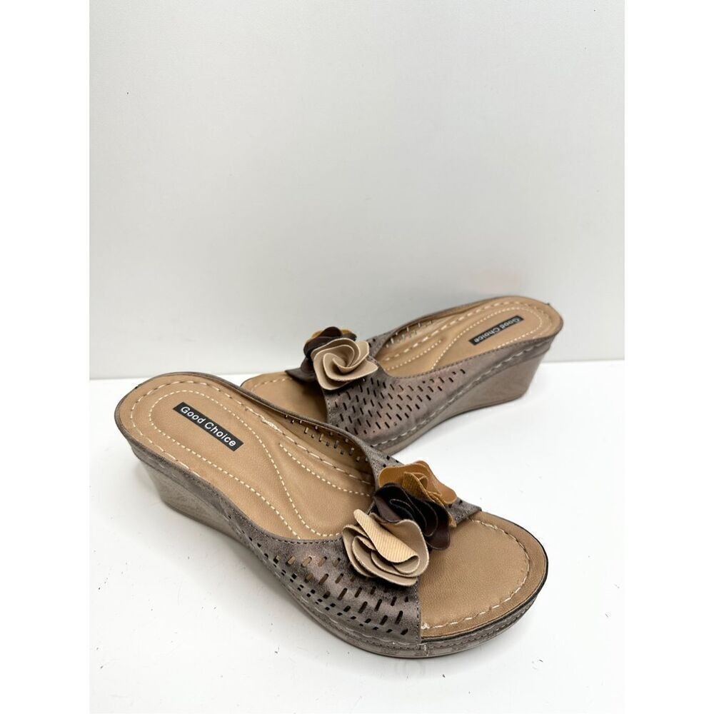 Good Choice Gray Laser Cut Floral Wedge Sandals Peep Toe Slides Size 8 View 5